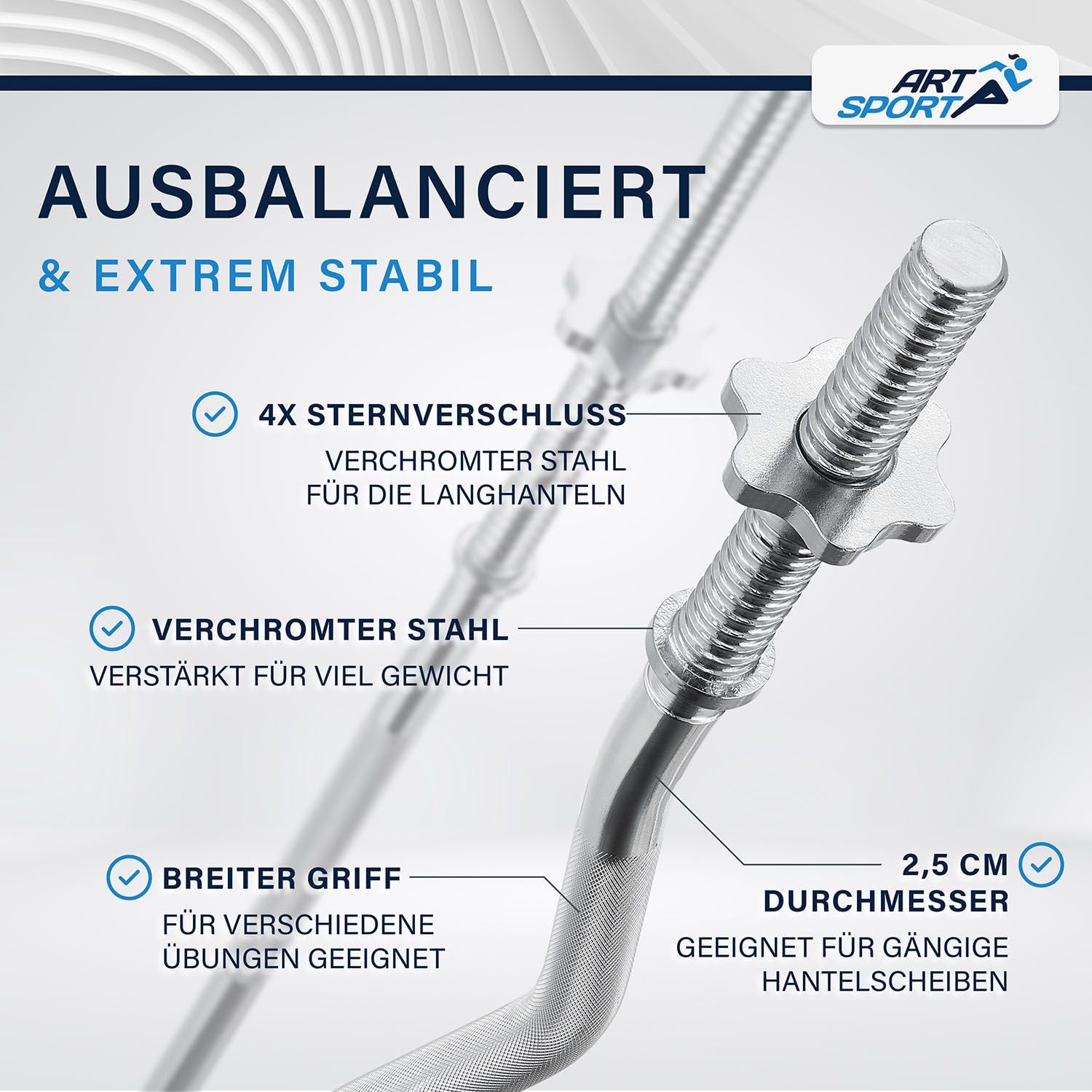 ArtSport 3in1 Hantelset mit 2 Kurzhanteln, 1 Langhantel & 1 SZ Curlhantel - 12 Gewichte mit 60kg und Sternverschlüssen - Hantel Set Krafttraining