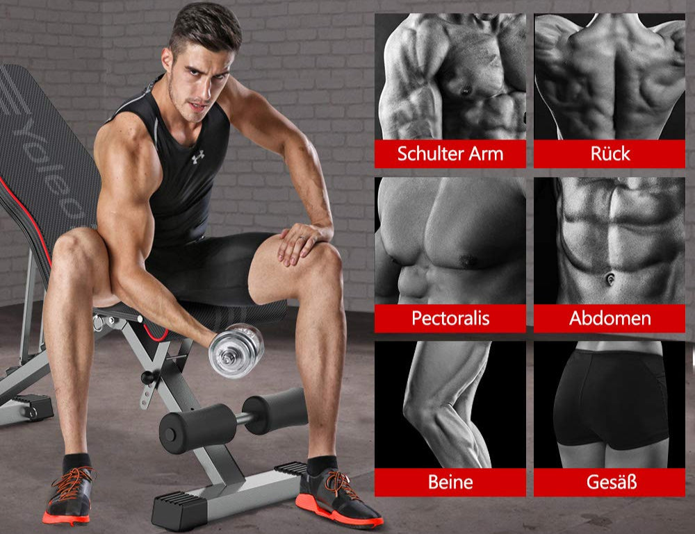 YOLEO klappbare Hantelbank Multifunktion Training Fitness Bank Bauchtrainer Schrägbank mit 6-Fach Verstellbarer Rückenlehne/3-Fach verstellbarer Sitzkissen,Belastung 300kg (Elegantes Schwarz-Rot)