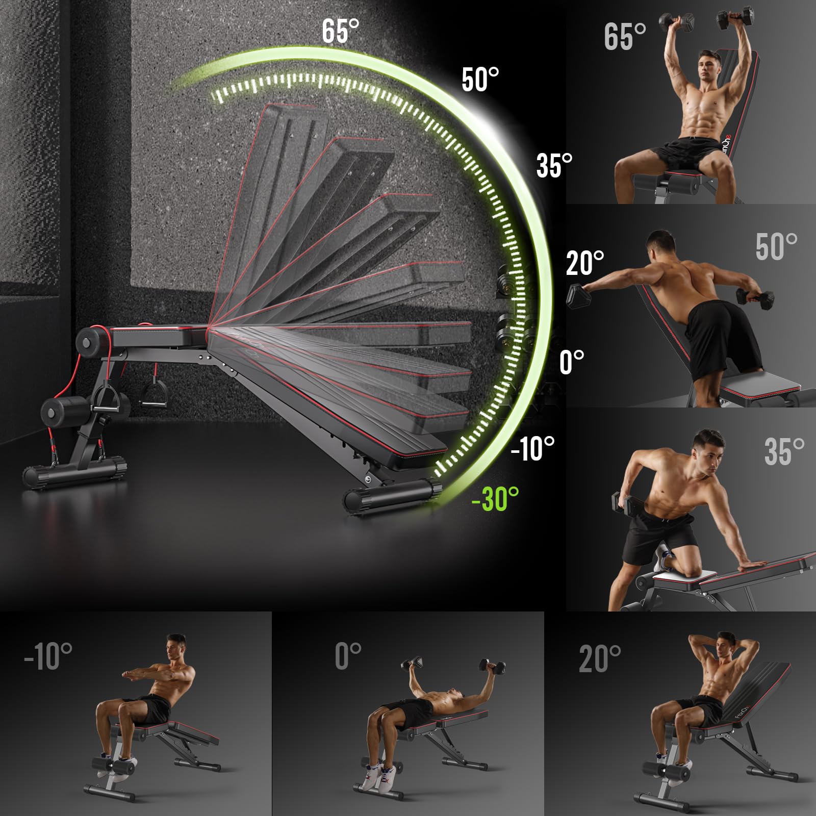 FitinOne Hantelbank Klappbar Verstellbar, Multifunktions Trainingsbank Schrägbank für Ganzkörper-workout, 6 in 1 Fitnessbank für zu Hause oder im Fitnessstudio, 300kg Gewichtskapazität