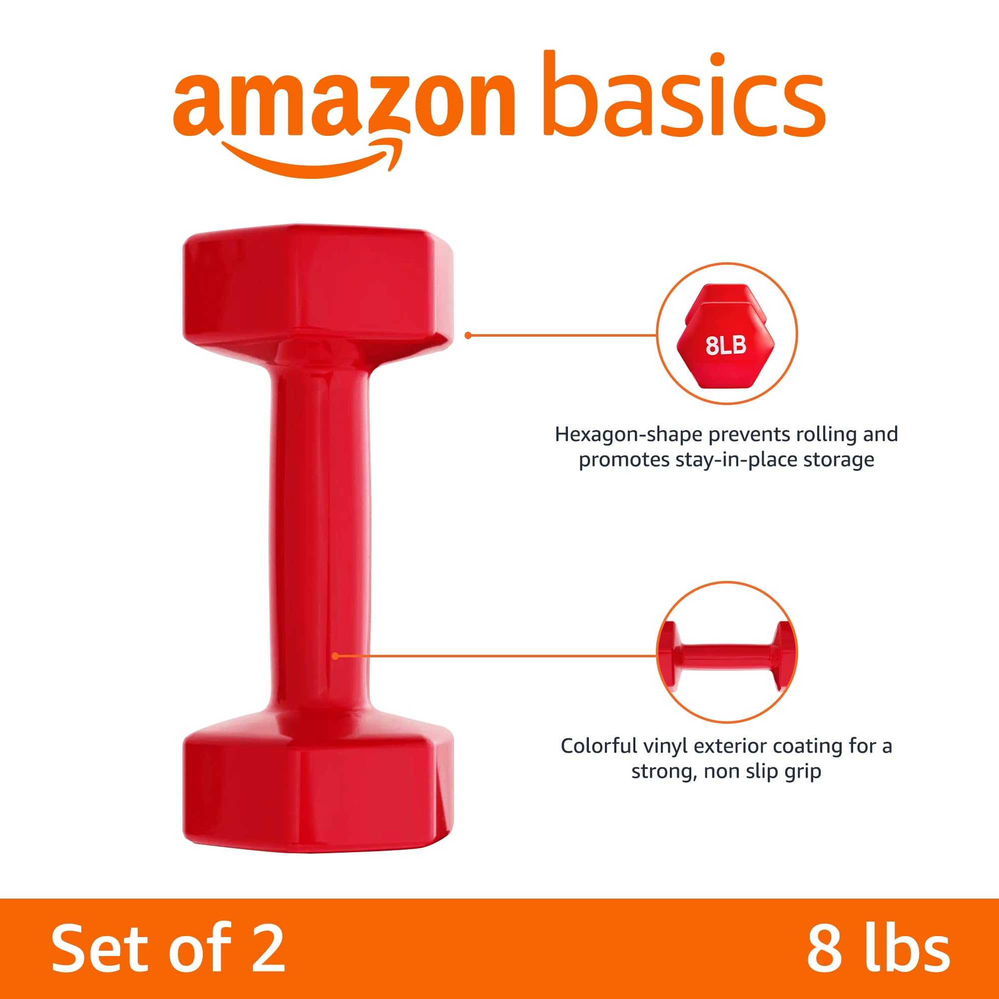 Amazon Basics Kurzhanteln mit Vinylbeschichtung, 8 lbs 3.6 kg, Rot, 2 Stück, 16 Pfund
