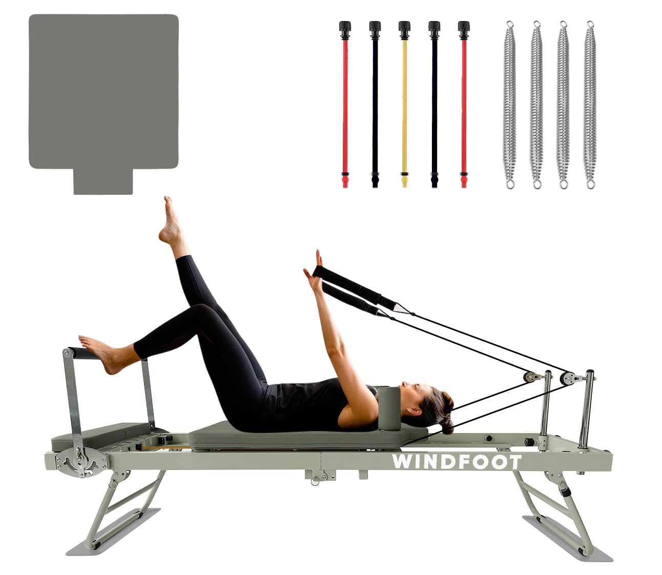 WINDFOOT Pilates Reformer-Workout-Maschine, bis zu 136 kg Gewichtskapazität, Pilates-Übungsgerät mit Sprungbrett, 4 x 66 kg Federn und 5 Widerstandsschnüre, Gelb - 6,8 kg, Blau - 9 kg, Rot - 11,8 kg