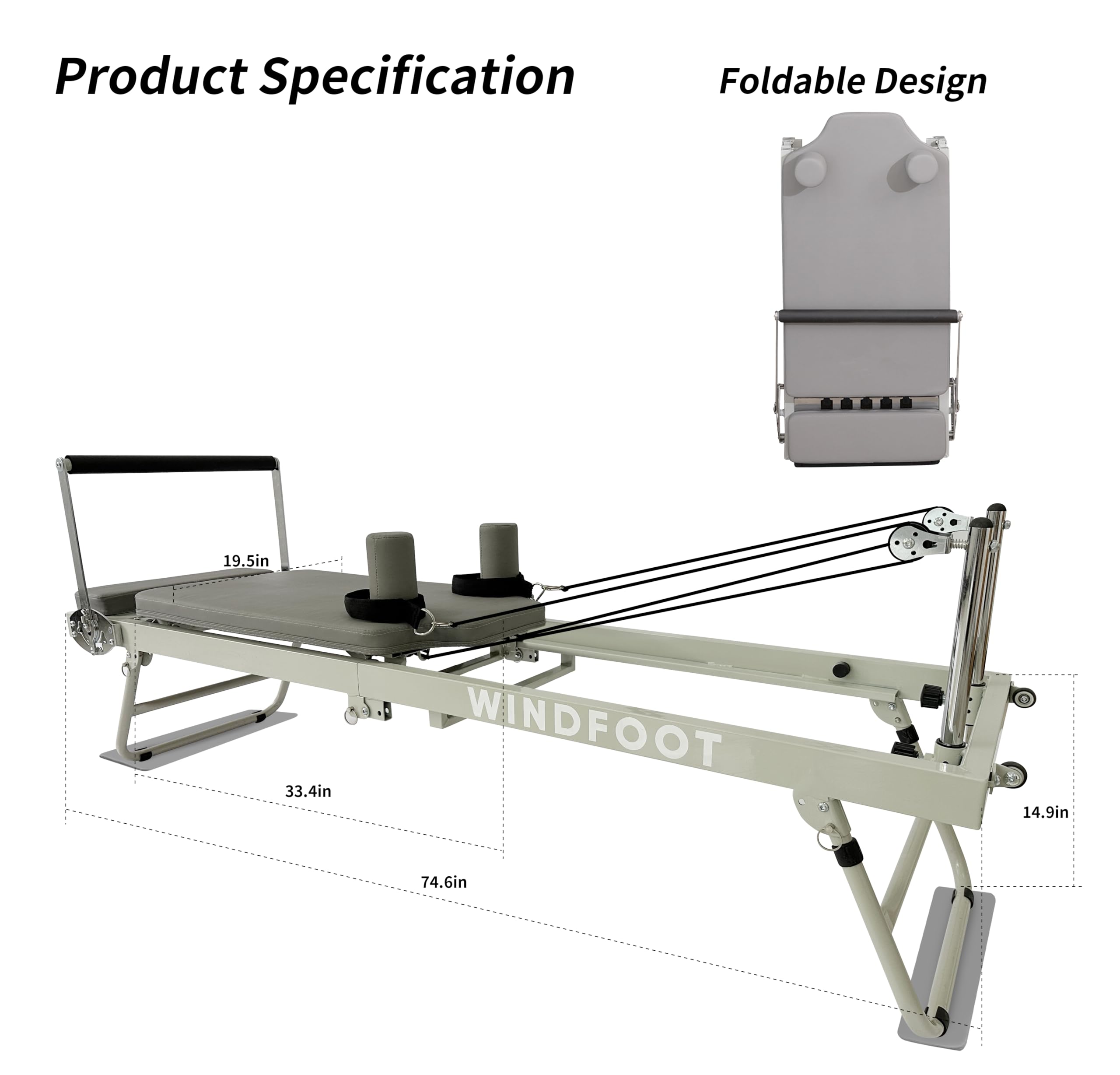 WINDFOOT Pilates Reformer-Workout-Maschine, bis zu 136 kg Gewichtskapazität, Pilates-Übungsgerät mit Sprungbrett, 4 x 66 kg Federn und 5 Widerstandsschnüre, Gelb - 6,8 kg, Blau - 9 kg, Rot - 11,8 kg