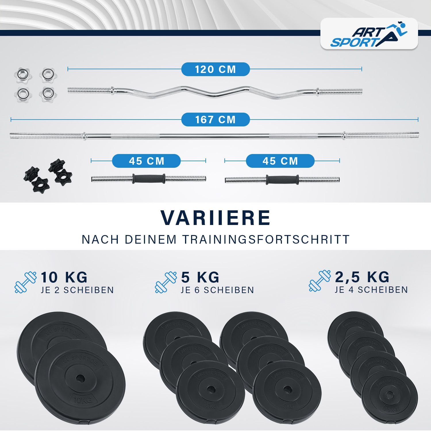 ArtSport 3in1 Hantelset mit 2 Kurzhanteln, 1 Langhantel & 1 SZ Curlhantel - 12 Gewichte mit 60kg und Sternverschlüssen - Hantel Set Krafttraining