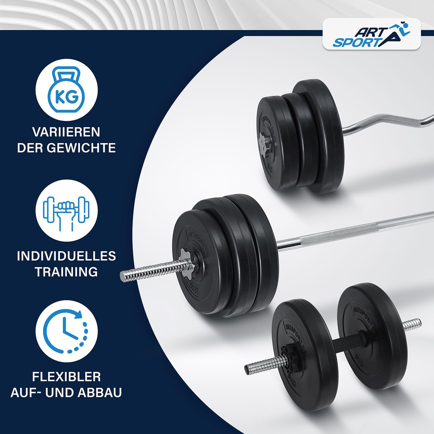 ArtSport 3in1 Hantelset mit 2 Kurzhanteln, 1 Langhantel & 1 SZ Curlhantel - 12 Gewichte mit 60kg und Sternverschlüssen - Hantel Set Krafttraining