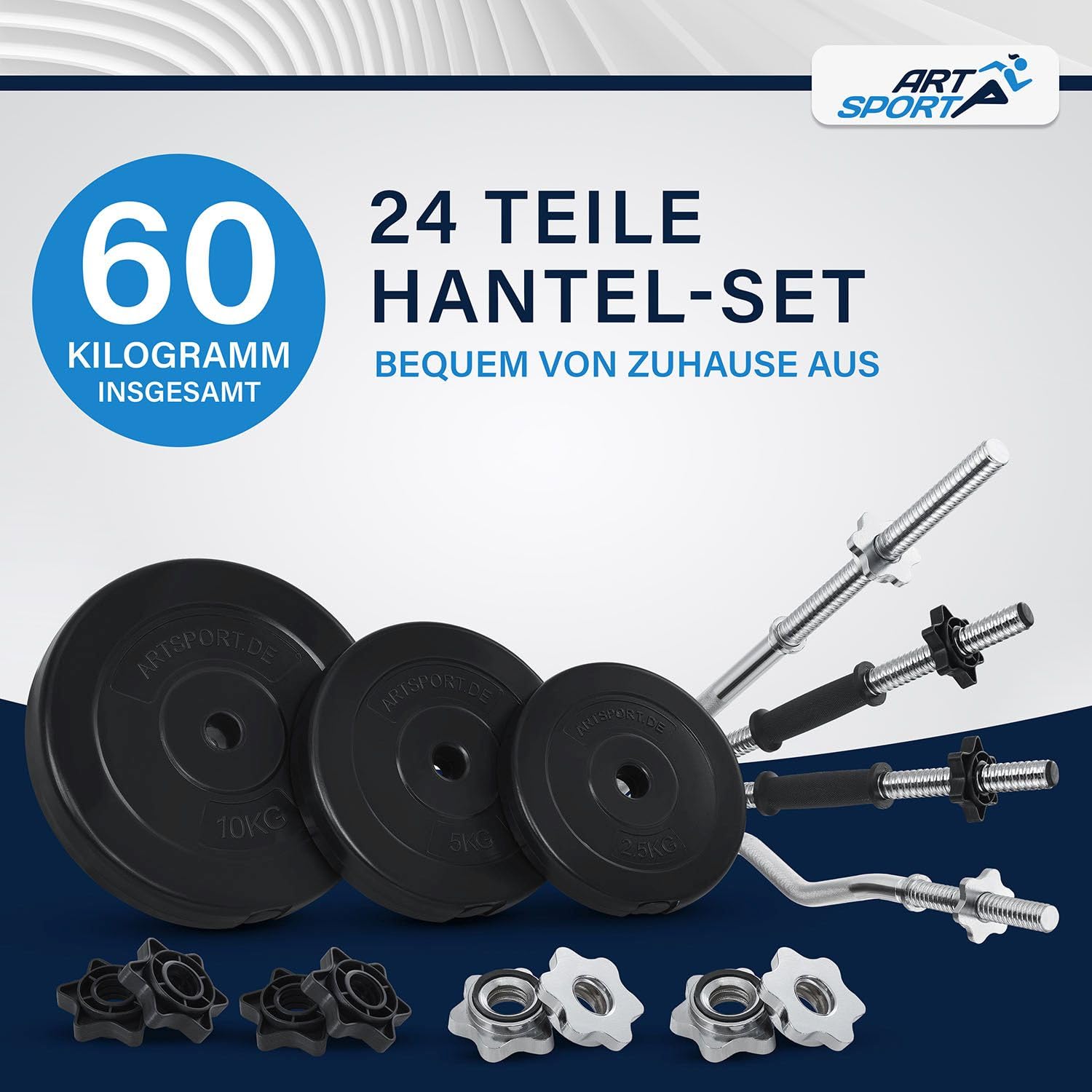 ArtSport 3in1 Hantelset mit 2 Kurzhanteln, 1 Langhantel & 1 SZ Curlhantel - 12 Gewichte mit 60kg und Sternverschlüssen - Hantel Set Krafttraining