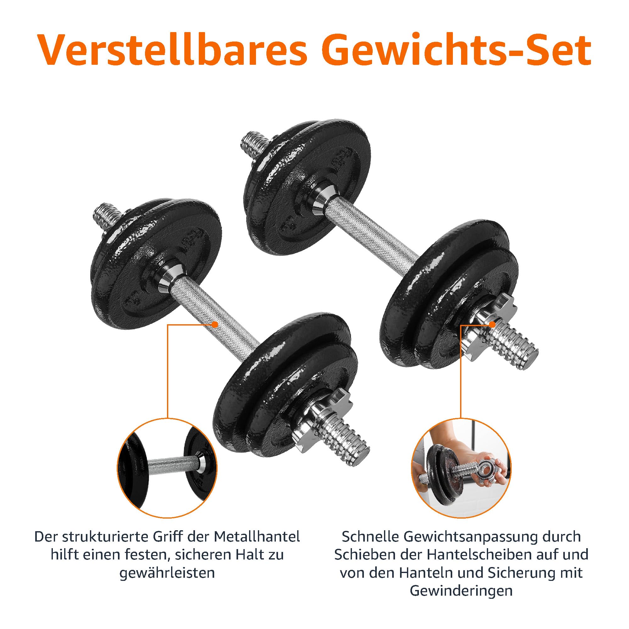 Amazon Basics – Gewichthebe-Set mit Hanteln und Gewichten, individuell konfigurierbar, mit Koffer, 17.2 kg (38 lbs), Schwarz